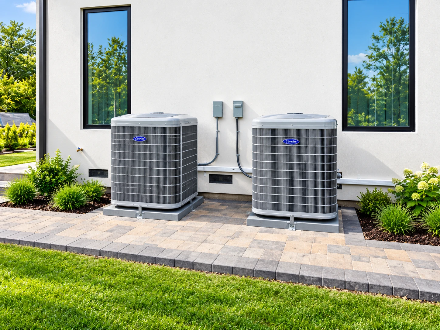 Two Carrier air conditioners installed beside a modern home