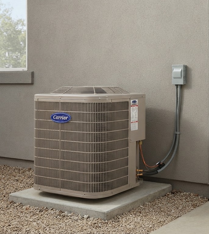Carrier air conditioner beside a home