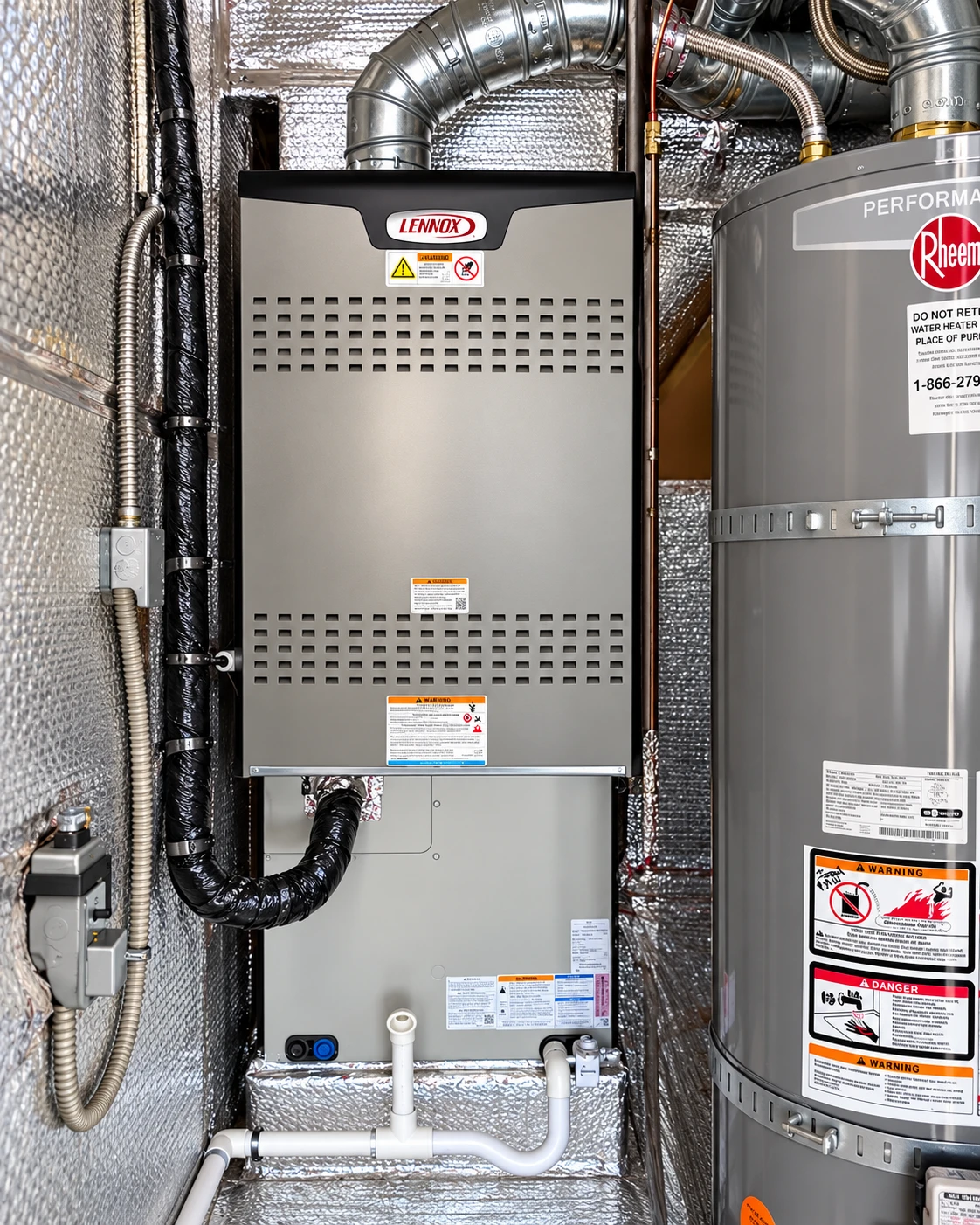 Lennox furnace next to a water heater